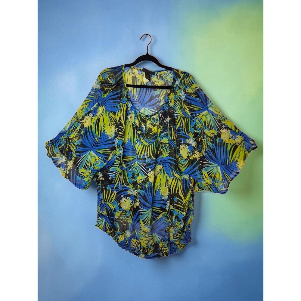 Lane Bryant Plus Size 22/24 Tropical Palm Chiffon Bubble Hem Blouse Blue Green